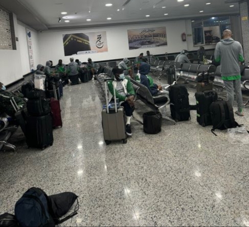 Super Eagles players at Libyan airport