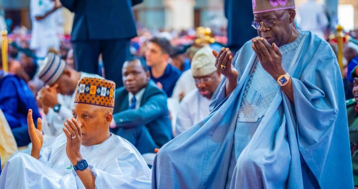 President Tinubu and Vice President Kashim Shettima with others at the National Mosque in Abuja on Friday.